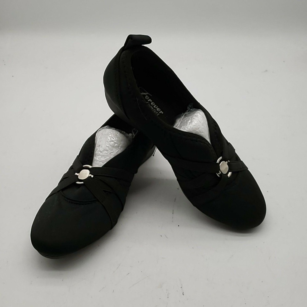 Forever Comfort Shoes Womens Size 9 Black Slip On Strappy Flats Round Toe Casual